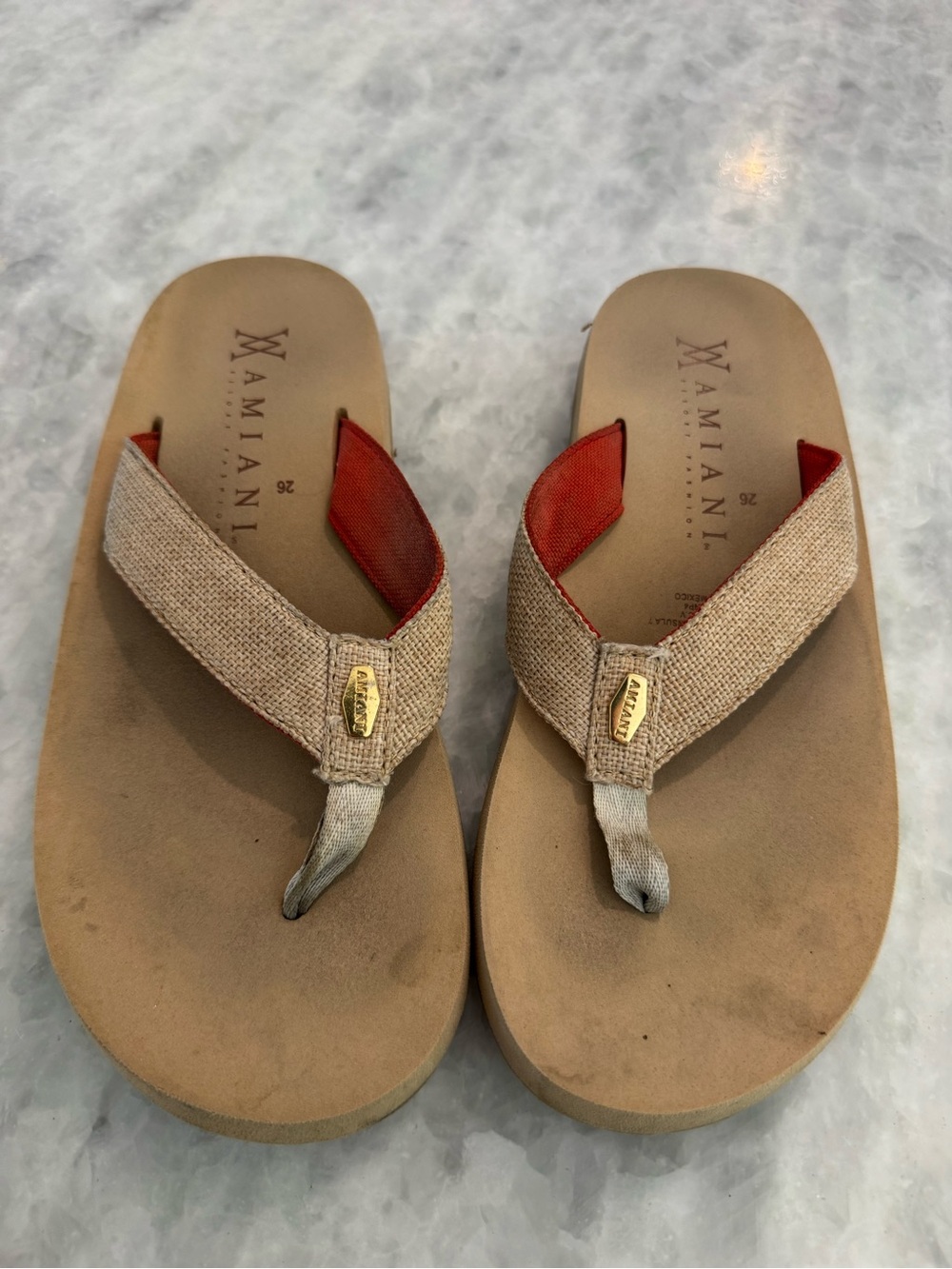 Amiani Beige & Red Canvas Thong Sandals